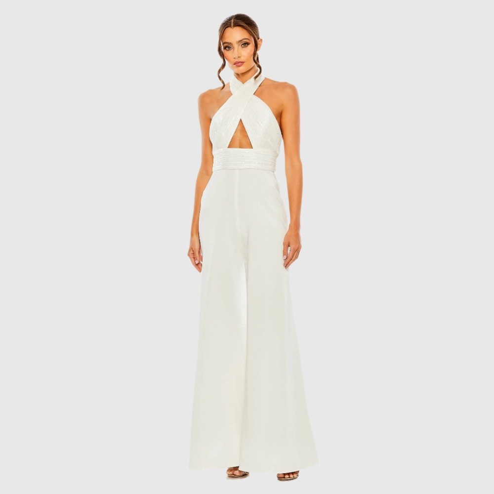 MAC DUGGAL White Sequined Cross Neck Halter Jumpsuit Size 8